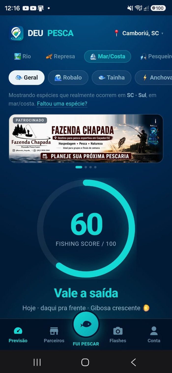 Tela do app DEU PESCA mostrando o Fishing Score