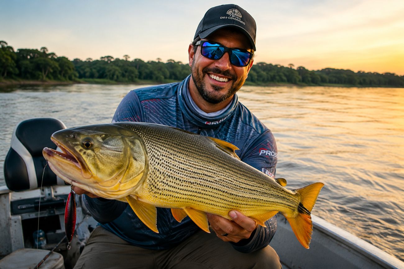 Pescador com um dourado no rio, ao amanhecer